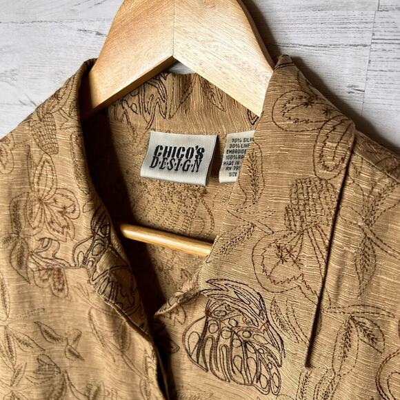 Vintage Chicos Jacket Womens Size 1/Medium Silk & Linen Blend Embroidered Palm - Picture 10 of 16